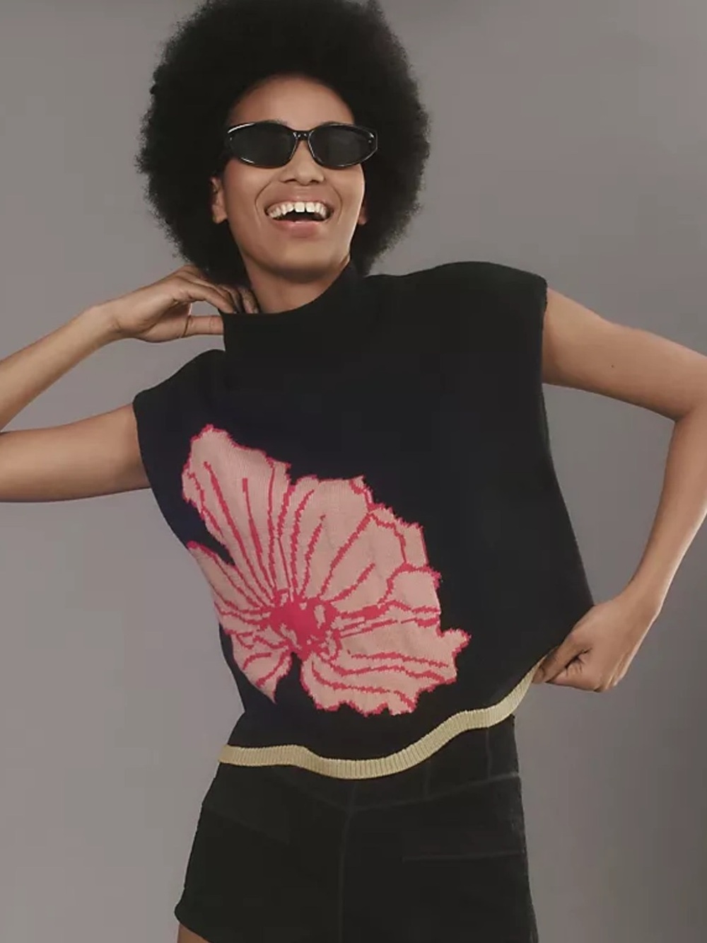 Anthropologie Maeve Black Knit mock neck Sleeveless Sweater Pink Floral XS